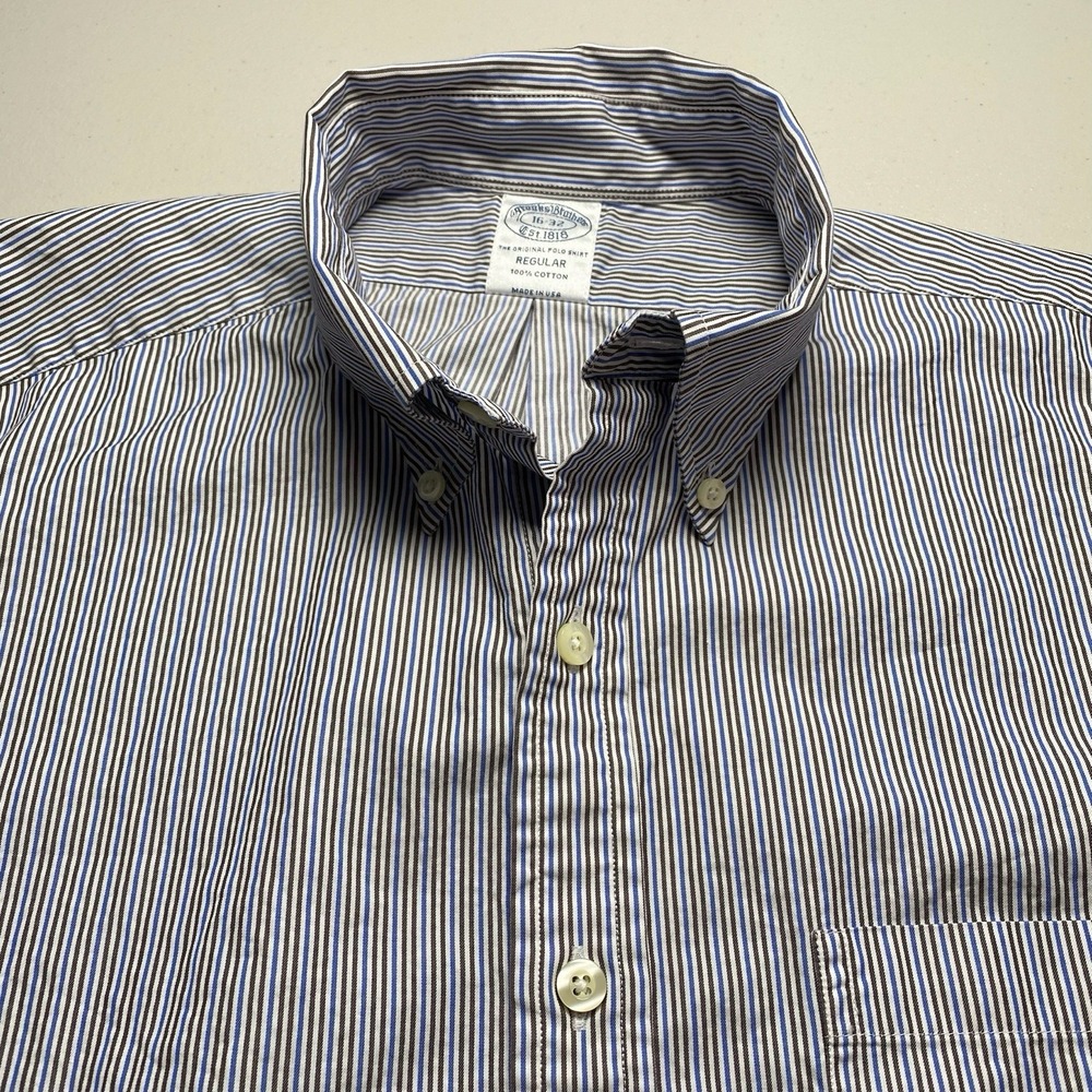Brooks Brothers 1818 Shirt 16 32 Mens Brown Blue White Stripe USA